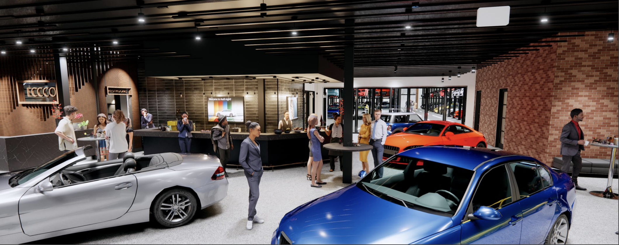 Members of ECCCO standing in event space around luxury vehicles