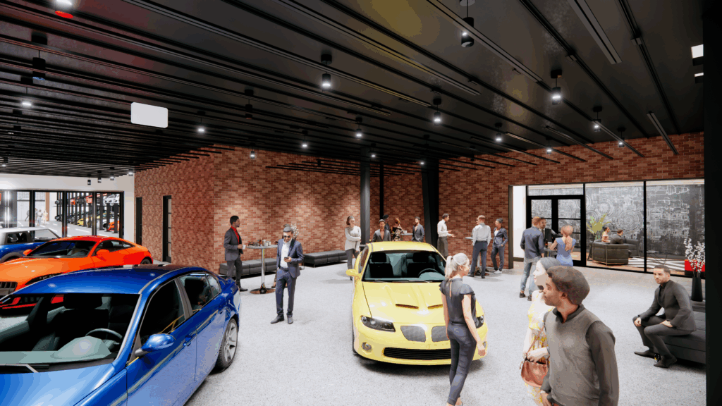 Vehicle storage with individuals walking around stored vehicles